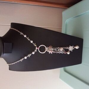 Holiday Christmas Silver Tone Snowflake Necklace Dangle Charms Rhinestone Beaded